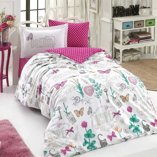 Fuchsia Poplin Duvet Cover Set with Pillowcase & Flat Sheet