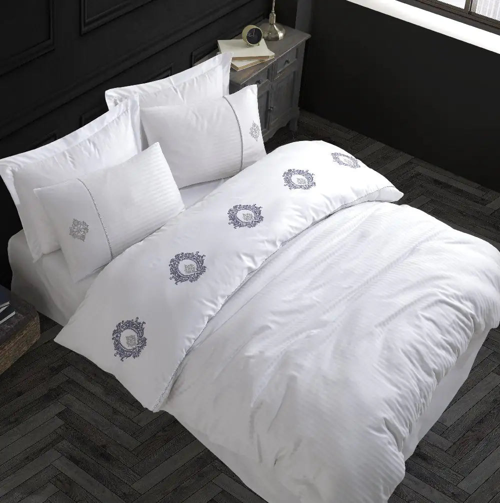 Luxury Satin Double Embroidery Duvet Cover Set, 100% Cotton