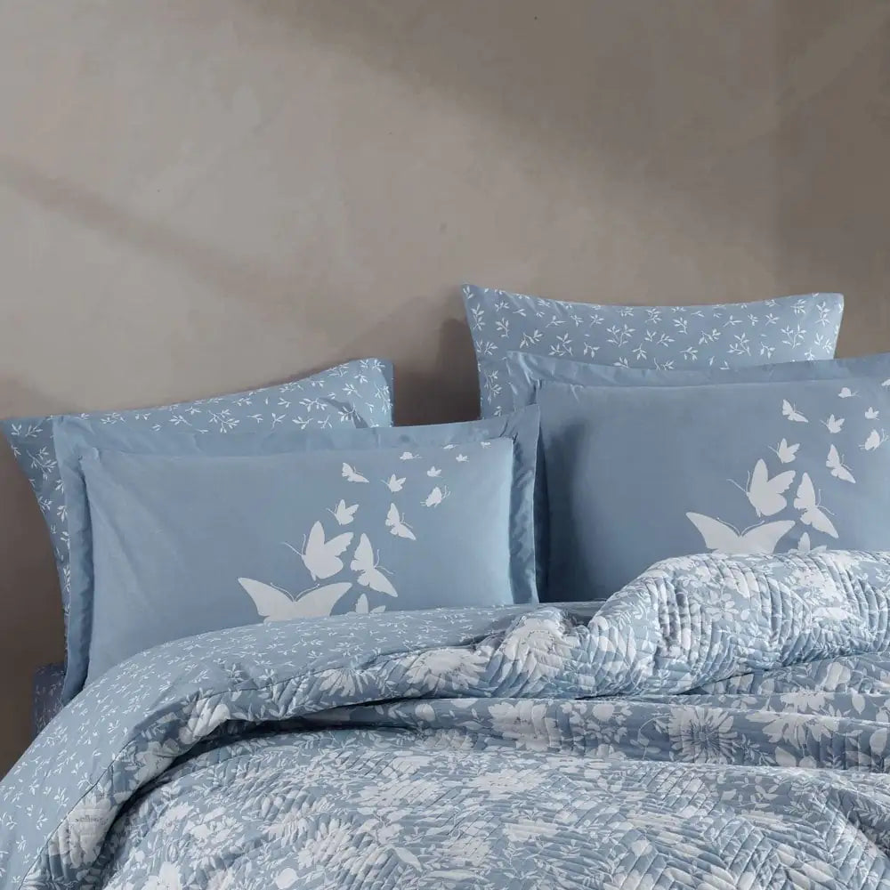 Blue Double Poplin Quilted Duvet Cover Set - 100% Cotton, Turkish Craftsmanship