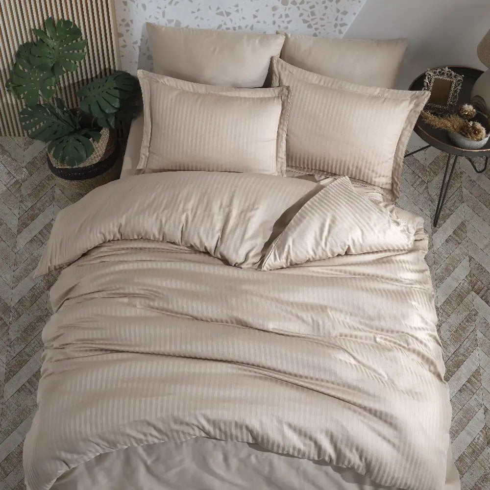 Jacquard Satin Duvet Cover Set - Double Size, Beige Striped Design