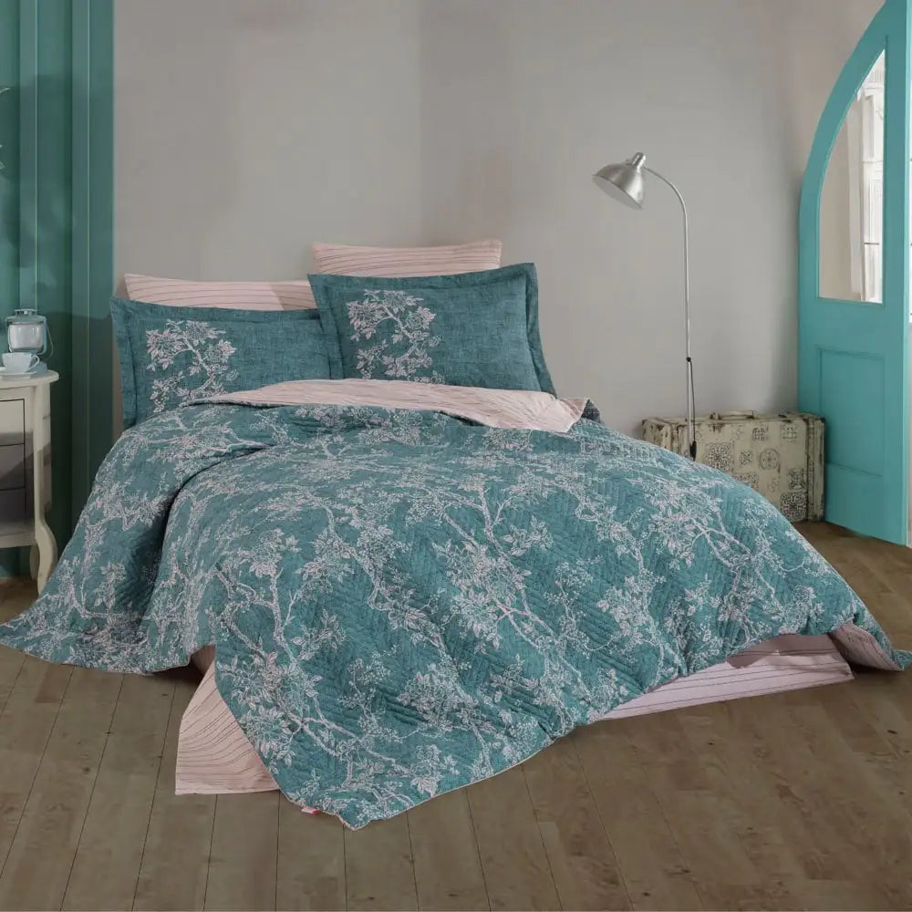 Quilted Turquoise Cotton Poplin Duvet Cover Set - Double Size