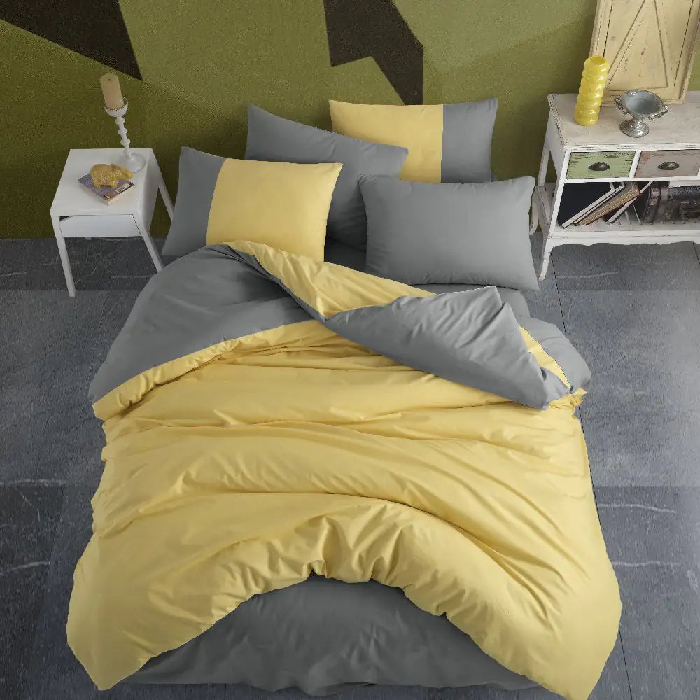 Poplin Double Duvet Cover Set with Diamond Pattern - Yellow