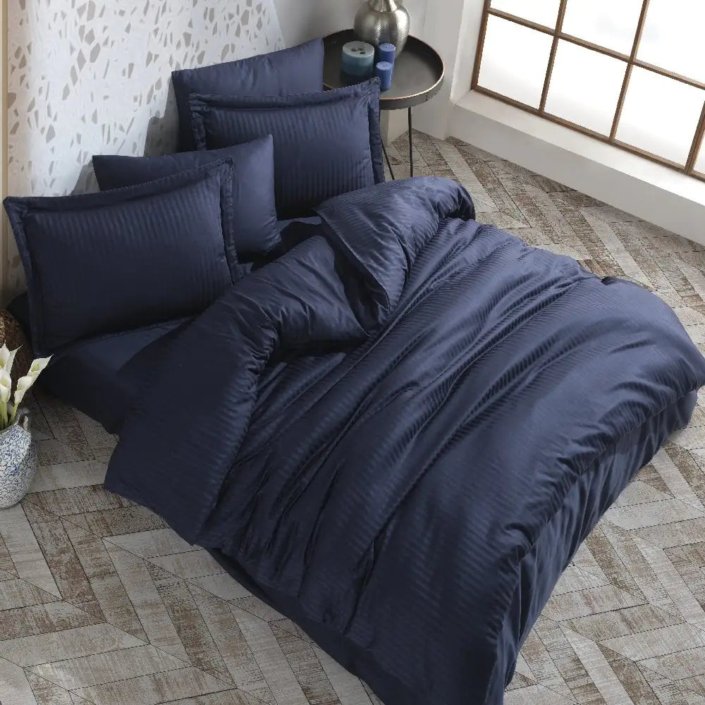 Navy Blue Hobby Striped Double Jacquard Satin Bed Linen Set