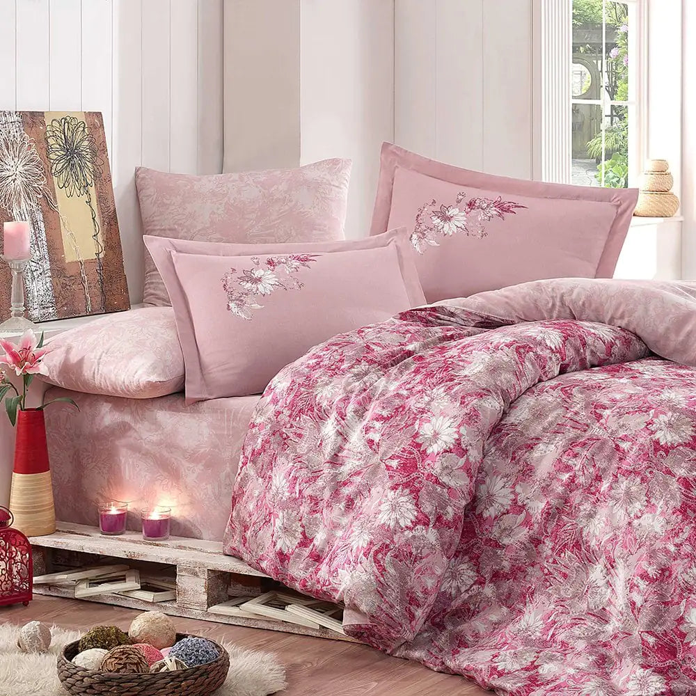 Pink Satin Double Duvet Cover Set - 4 Piece Luxury Bedding