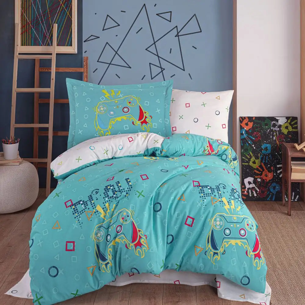 Turquoise Single Duvet Cover Set - 100% Cotton, Gamer Theme