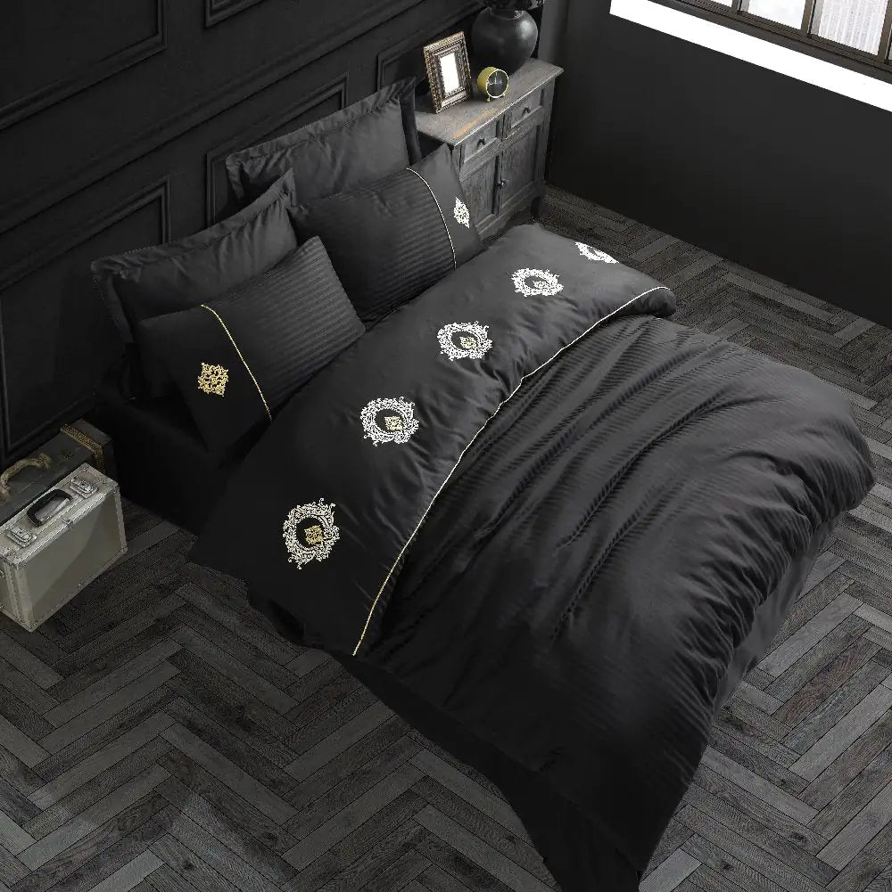 Olympos Black Satin Duvet Cover Set with Double Embroidery