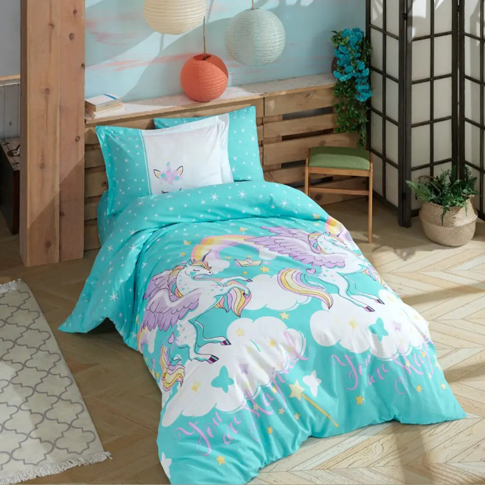 Magical Aqua Poplin Cotton Duvet Cover Set with Pillowcase