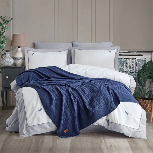 Double Bed Blanket Set with Knitwear Throw - 100% Cotton Indigo Bedding