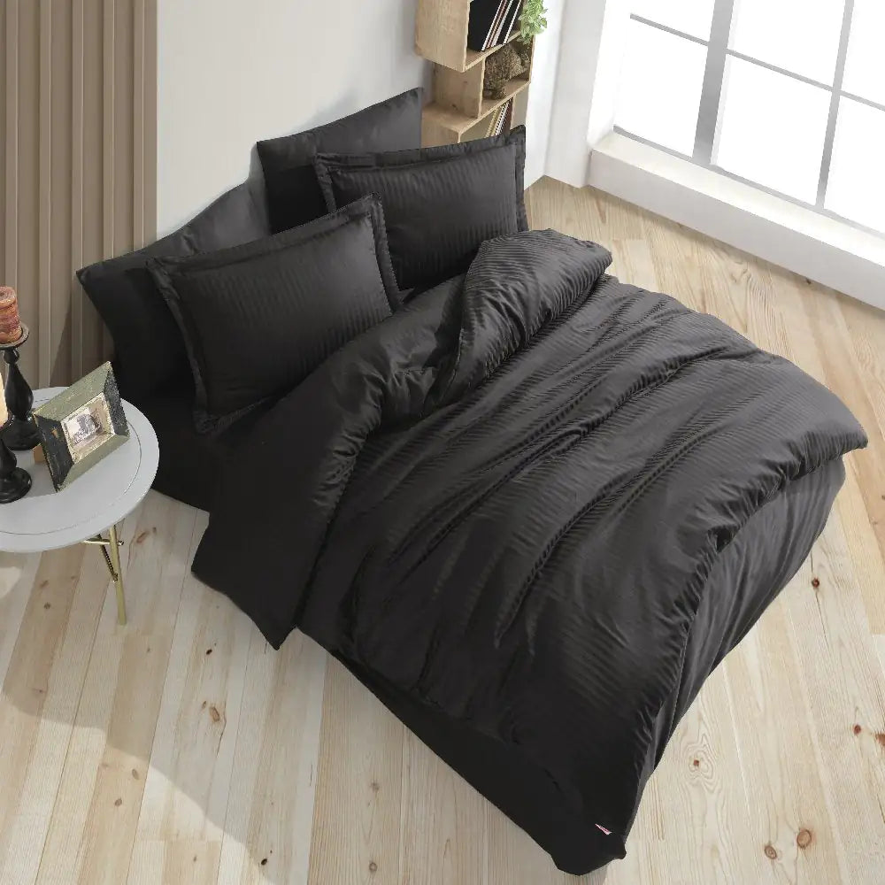 Black Striped Jacquard Satin Duvet Cover Set - Double Bed