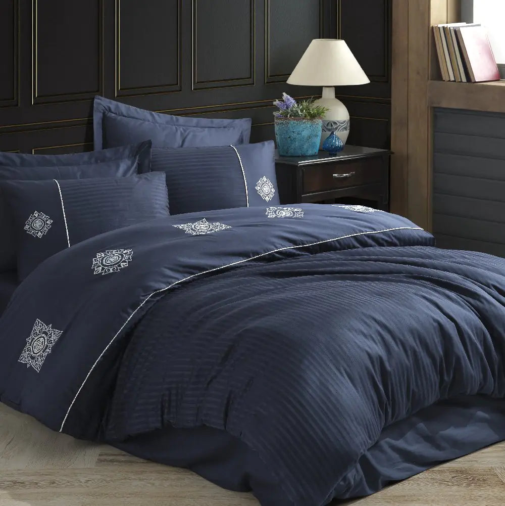 Navy Blue Double Embroidery Satin Duvet Bedding Set