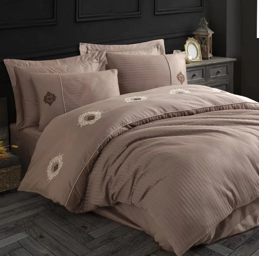 Double Embroidered Satin Duvet Cover Set in Coffee