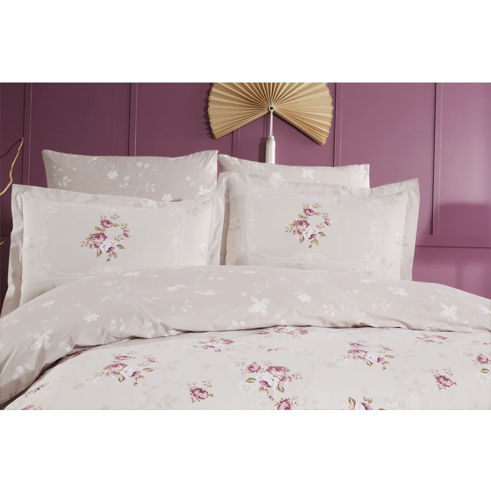 Beige Poplin Double Duvet Cover Set - Soft Cotton Bedding