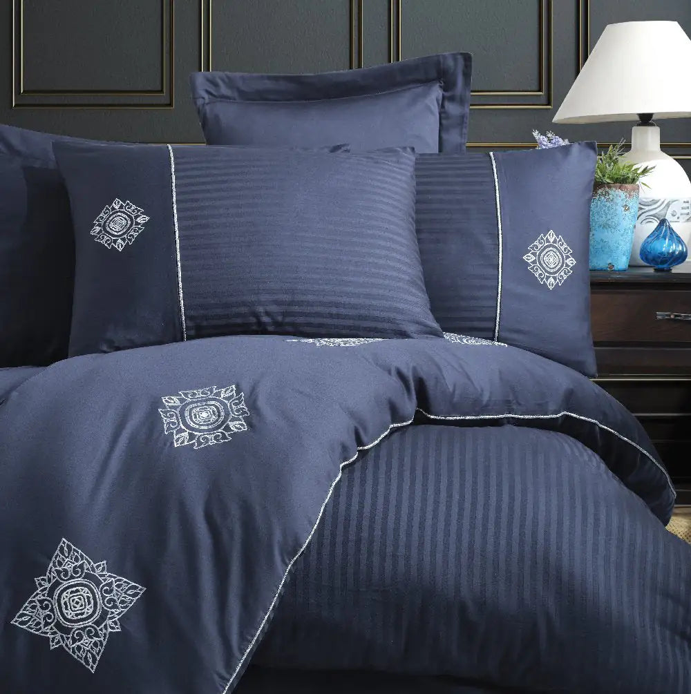 Navy Blue Double Embroidery Satin Duvet Bedding Set