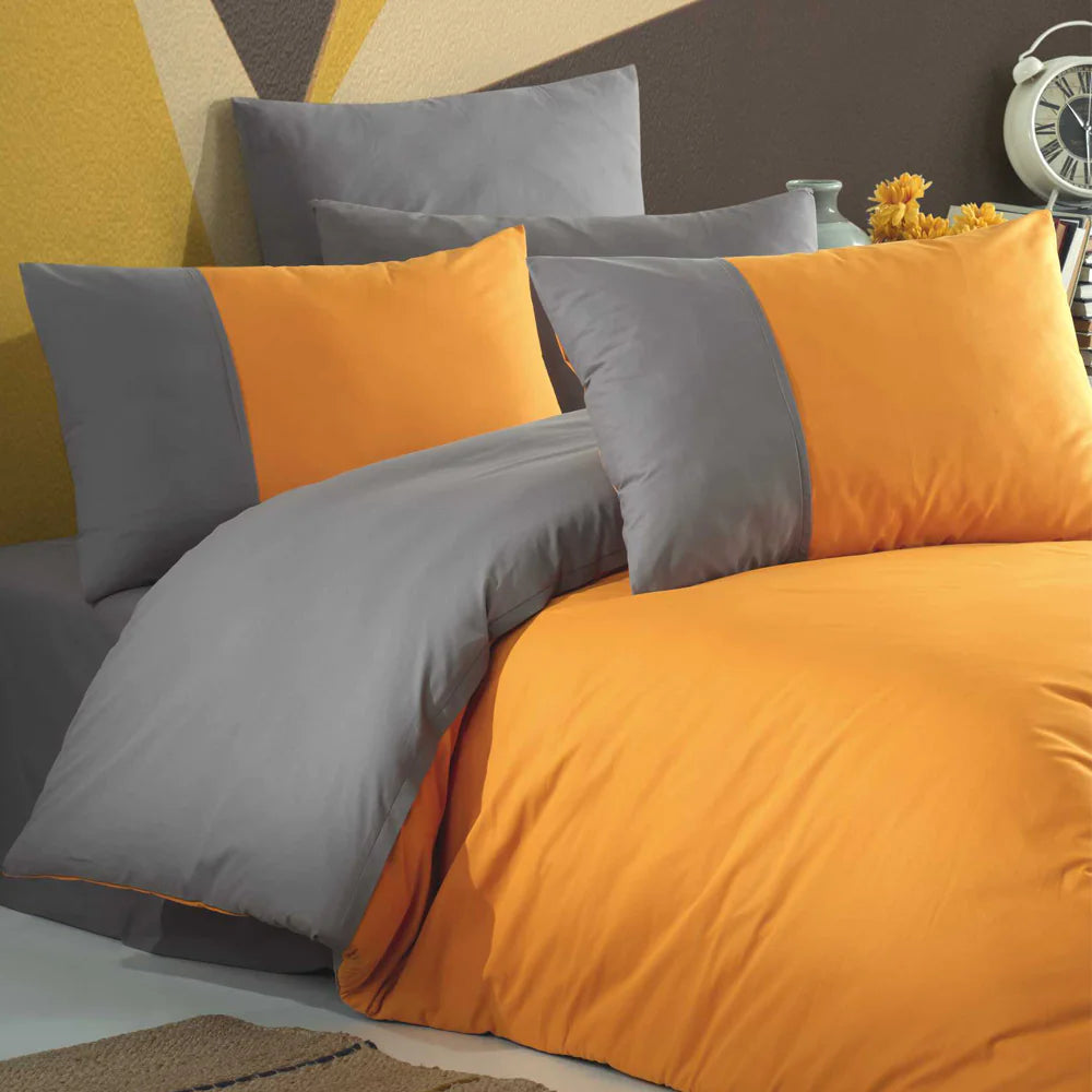 Diamond Pattern Double Duvet Cover Set - 100% Cotton Poplin, Orange & Anthracite