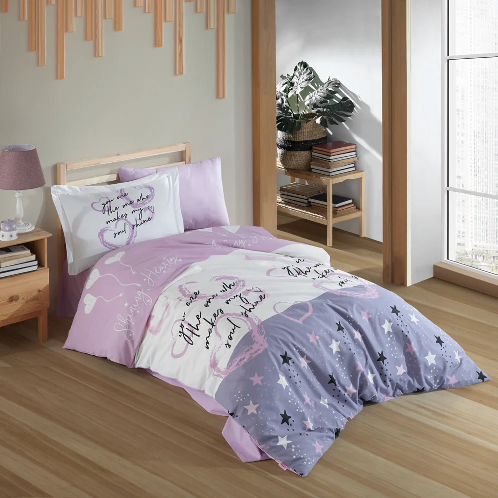 Lilac Poplin Cotton Duvet Cover Set with Pillowcase and Flat Sheet