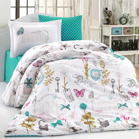 Turquoise Poplin Duvet Cover Set with Flat Sheet and Pillowcase - 160x220 cm