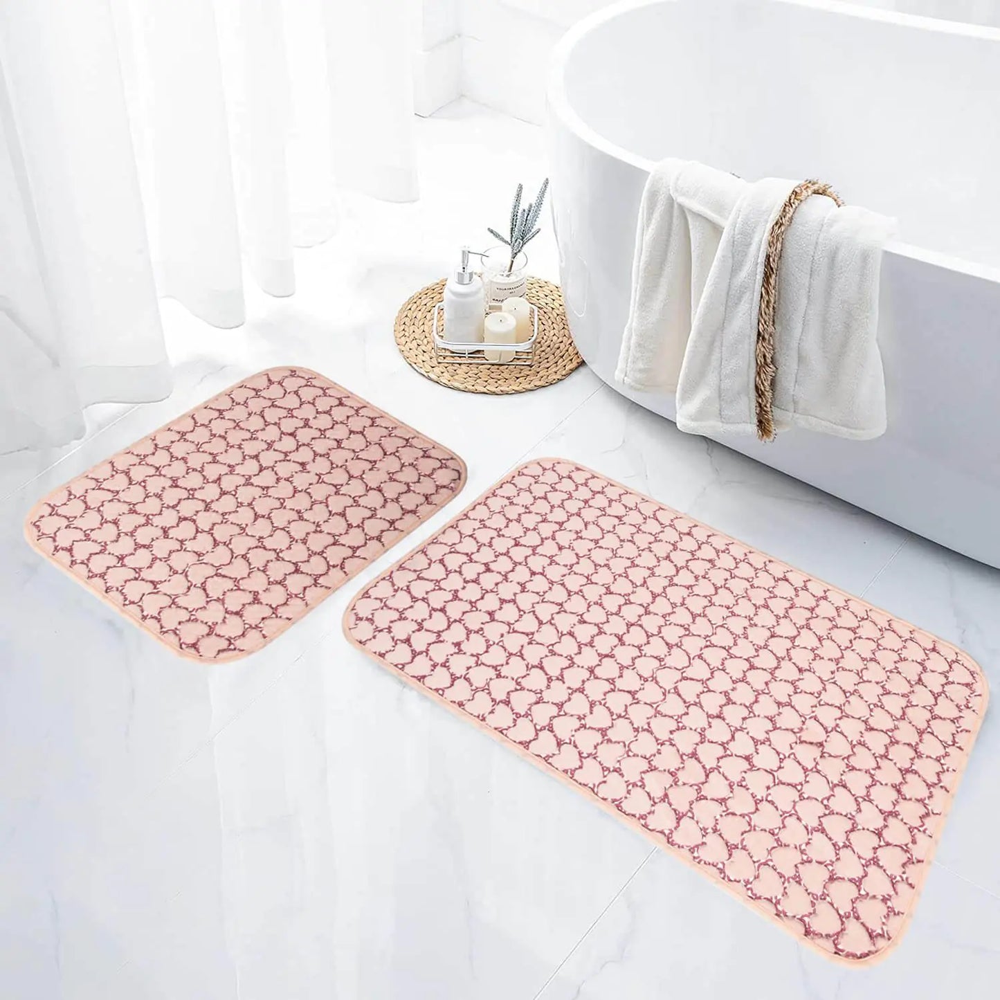 Heart-Embossed Non-Slip Bath Mat Set (2-Pack, Pink)