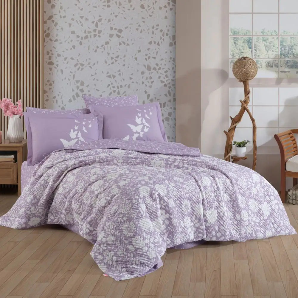 Single Quilted Duvet Cover Set - 100% Cotton Poplin Bedding with Lila Floral Design, All-Season Luxury