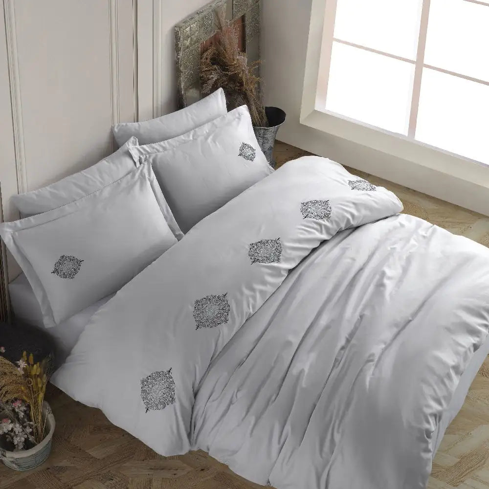 Azra Gray Cotton Poplin Double Embroidered Bedding Set