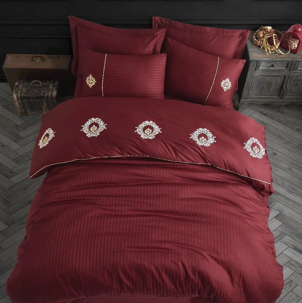 Satin Duvet Cover Set with Double Embroidery in Olympos Bordeaux