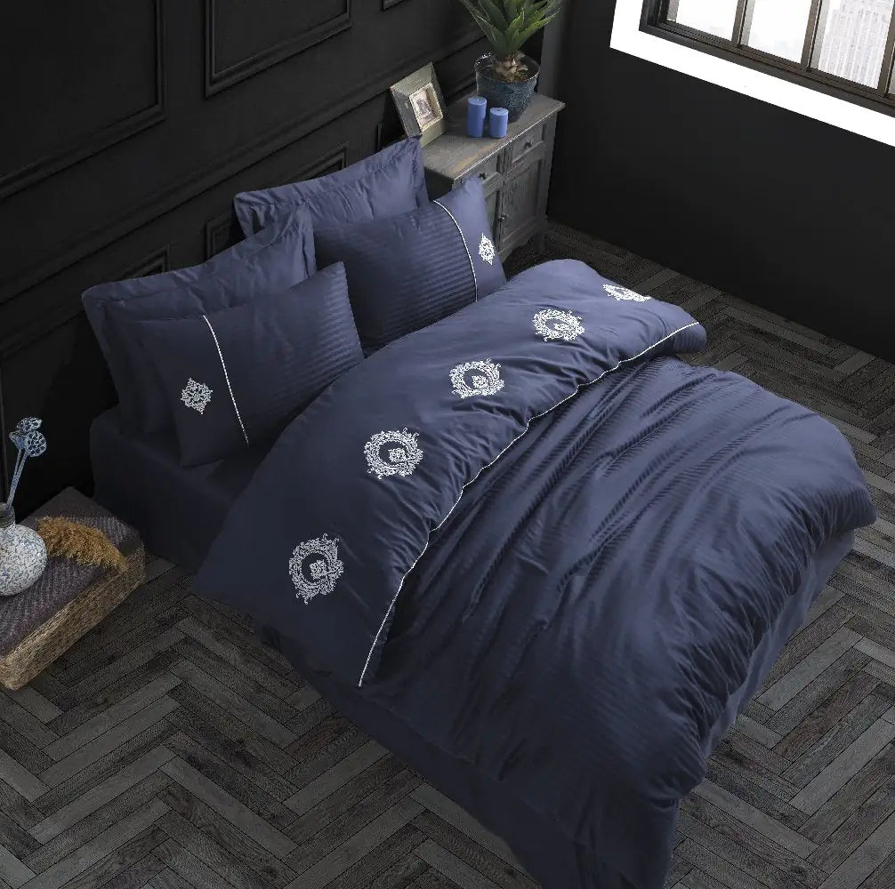 Olympos Navy Blue Satin Duvet Cover Set - Double Embroidery