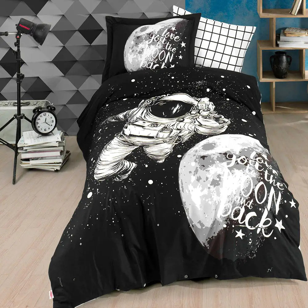 Galaxy Black 100% Cotton Poplin Duvet Cover Set with Flat Sheet & Pillowcase