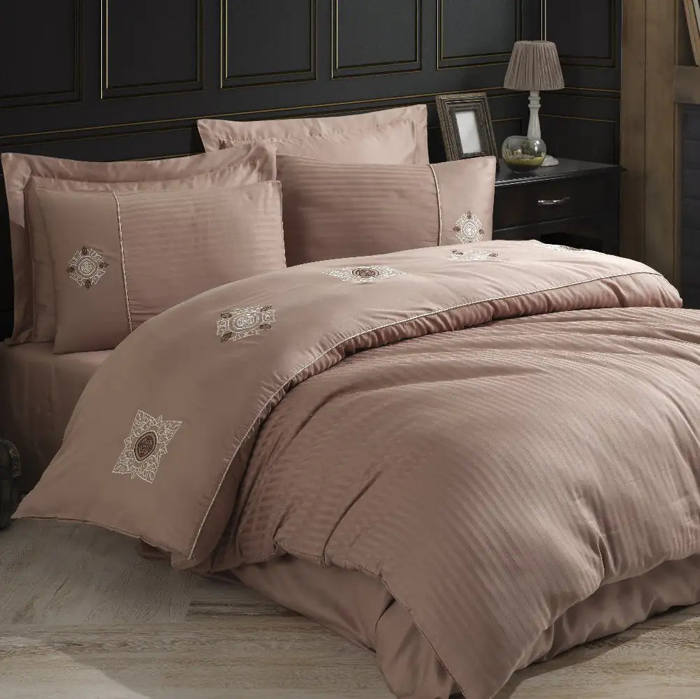 Double Embroidery Satin Duvet Cover Set - Zeugma Coffee