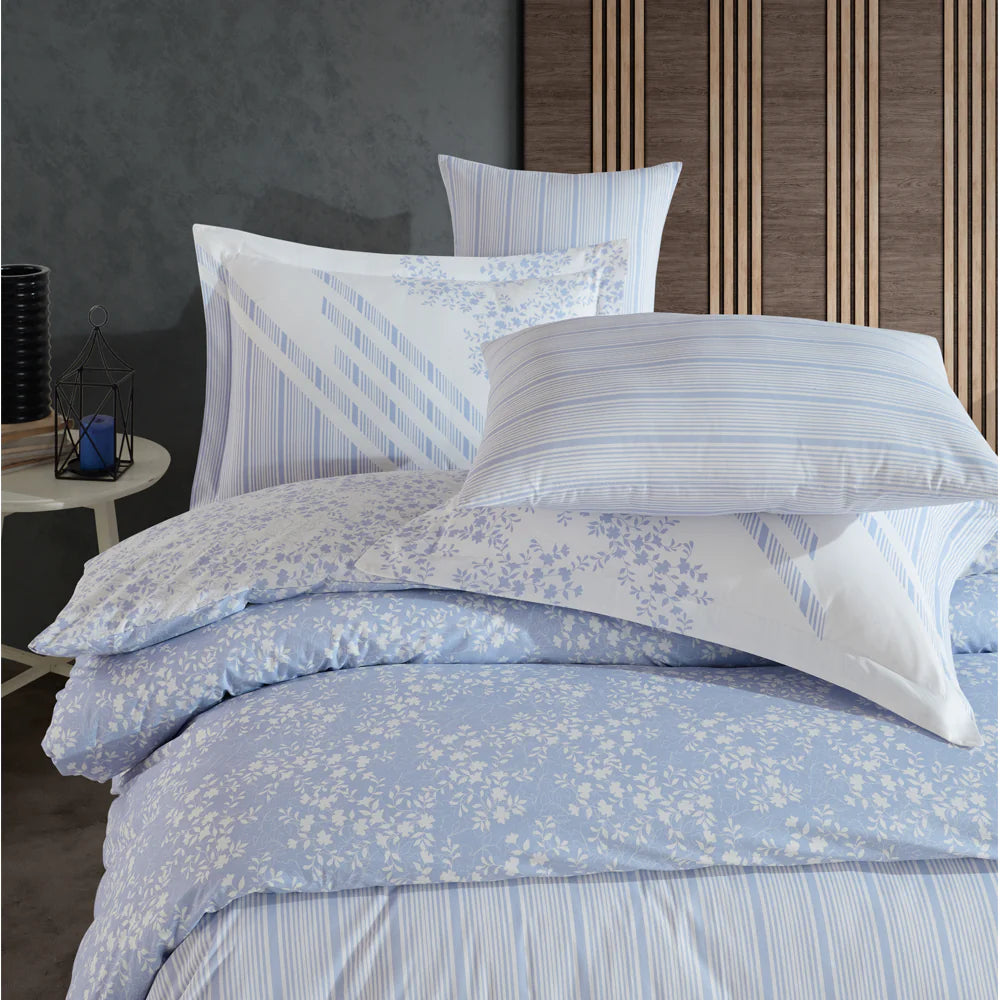 Romance Blue Poplin Single Duvet Cover Set with Pillowcase