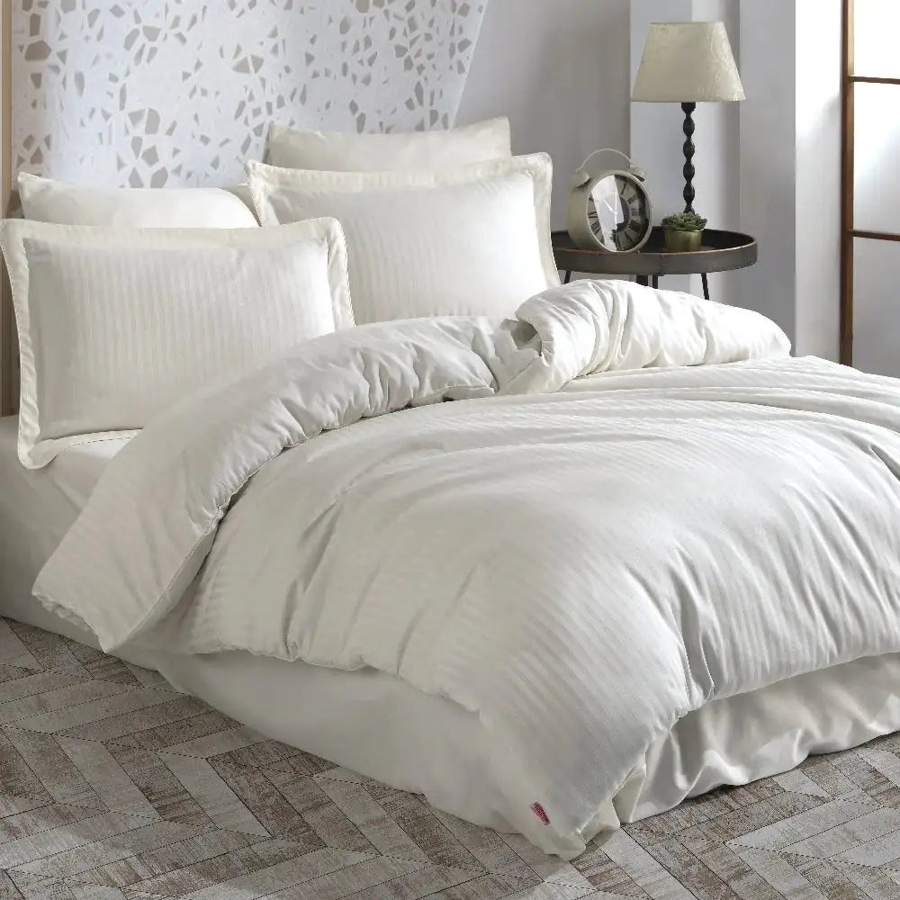 Hobby Striped Cream Jacquard Satin Duvet Cover Set - 100% Cotton Bedding