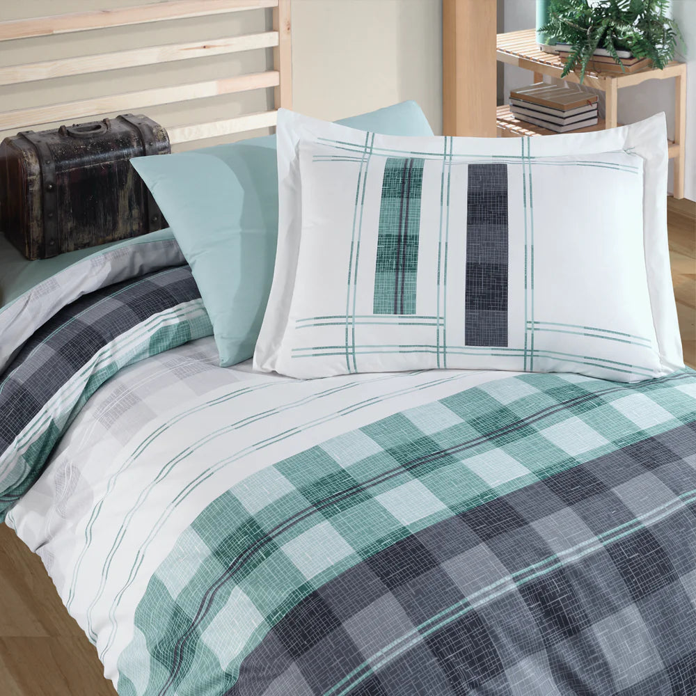 Green Poplin Cotton Duvet Cover Set with Pillowcase & Flat Sheet