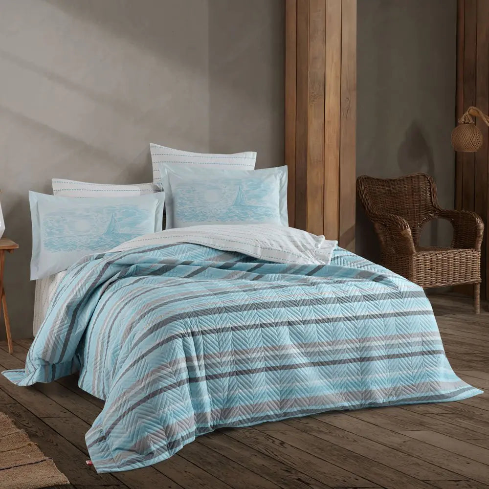 Aqua Blue Cotton Capitone Bedding Set - Duvet Cover & Sheet