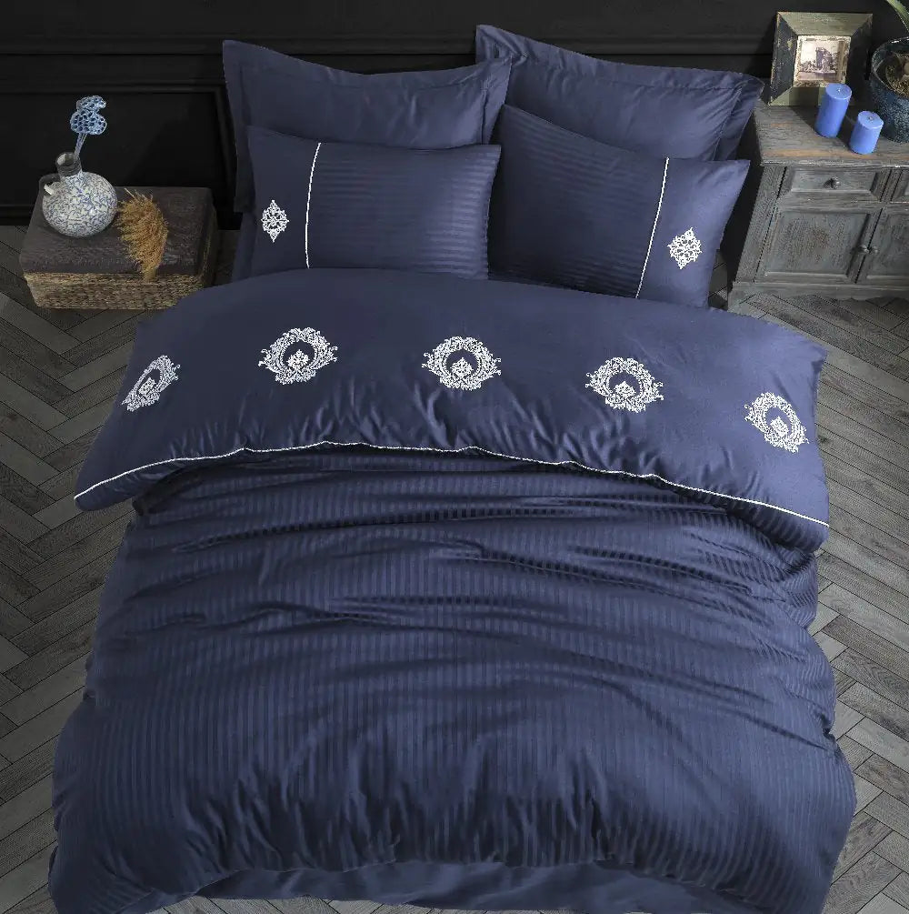 Olympos Navy Blue Satin Duvet Cover Set - Double Embroidery