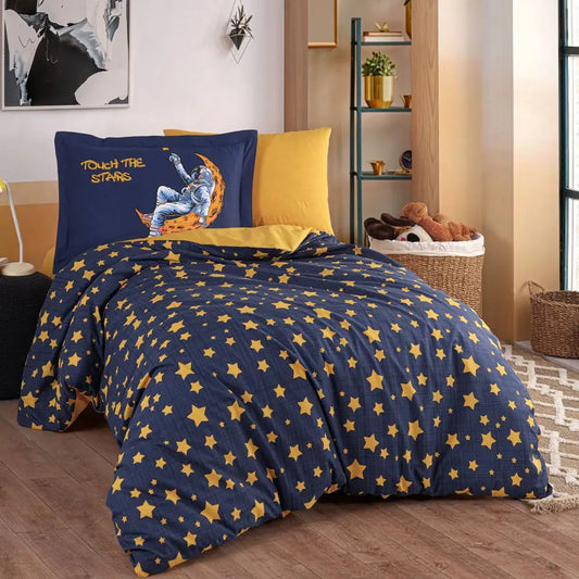 Hobby Space Navy Blue 100% Cotton Single Duvet Cover Set with Pillowcase