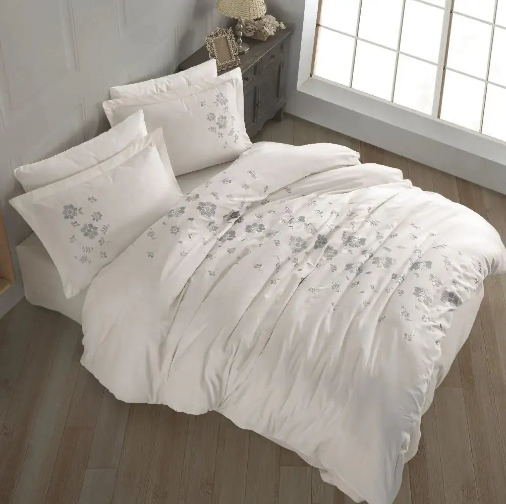 Double Embroidered Poplin Duvet Cover Set - Cream