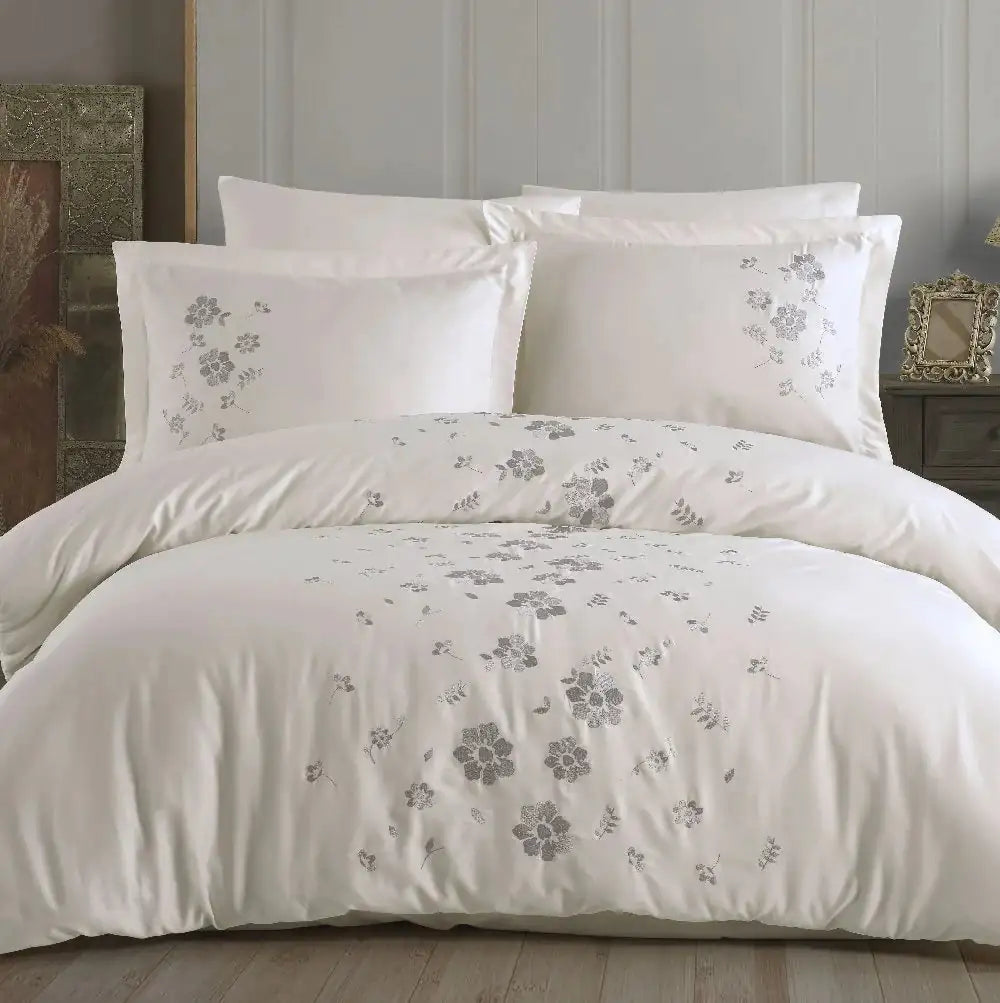 Double Embroidered Poplin Duvet Cover Set - Cream