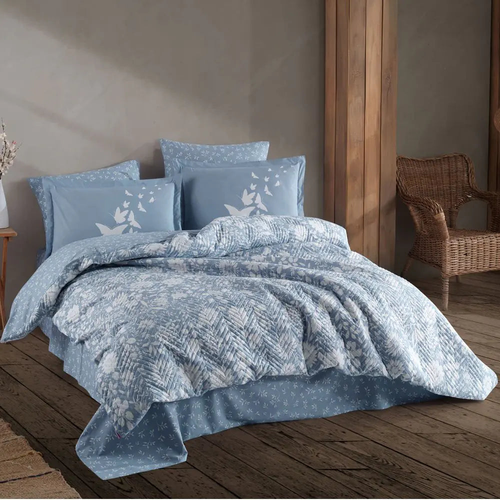 Blue Double Poplin Quilted Duvet Cover Set - 100% Cotton, Turkish Craftsmanship