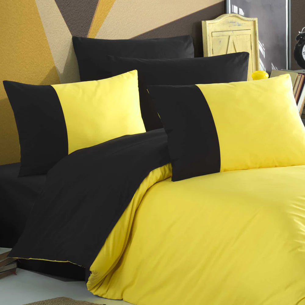 Diamond Pattern Yellow & Black Poplin Single Duvet Cover Set - 100% Cotton