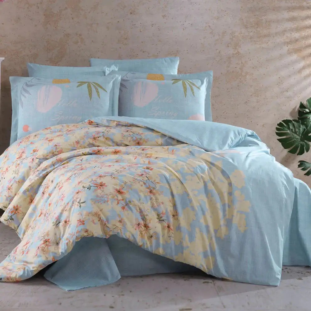 Hobby Lily Blue Floral 100% Cotton Poplin Duvet Cover Set with Sheet & Pillowcases