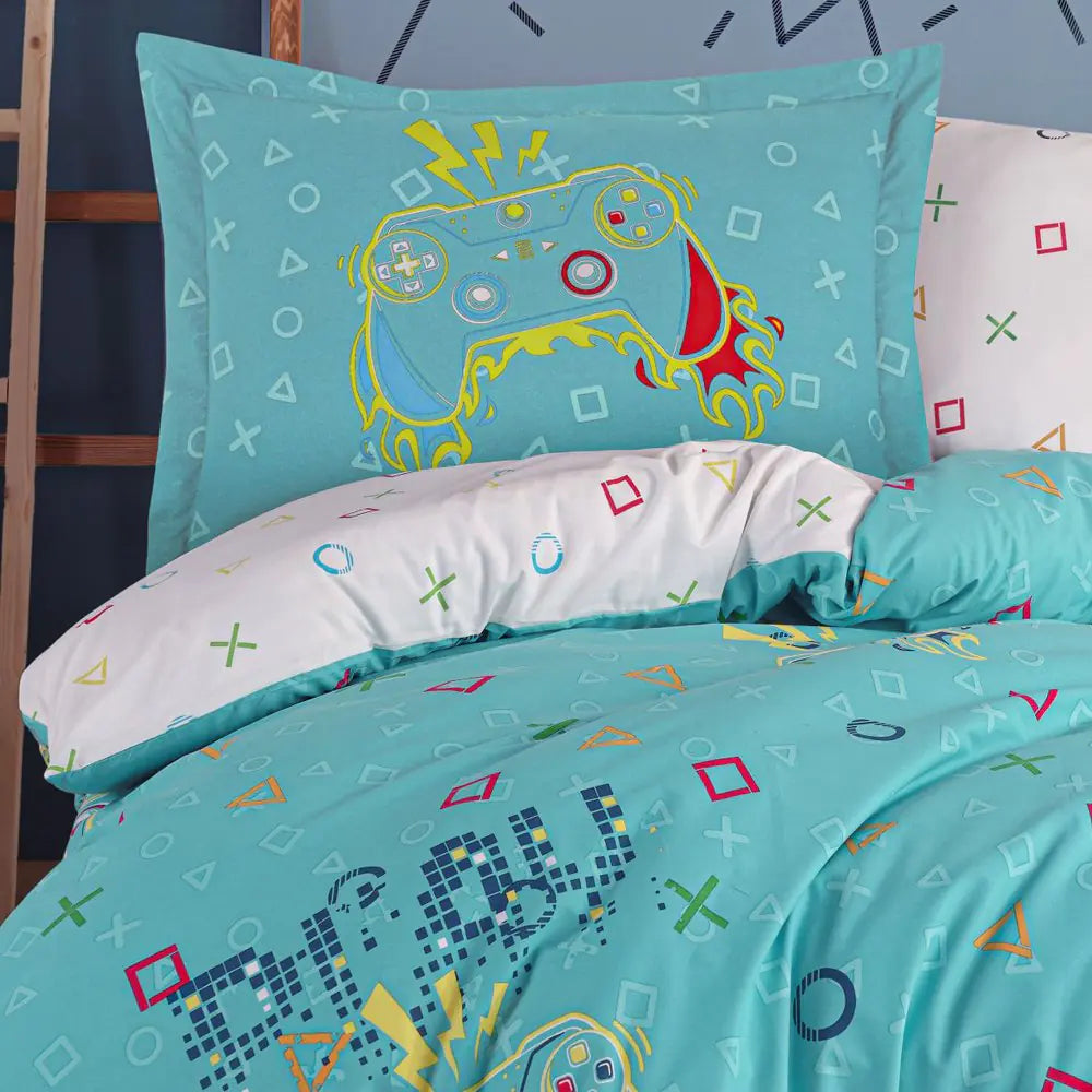 Turquoise Single Duvet Cover Set - 100% Cotton, Gamer Theme