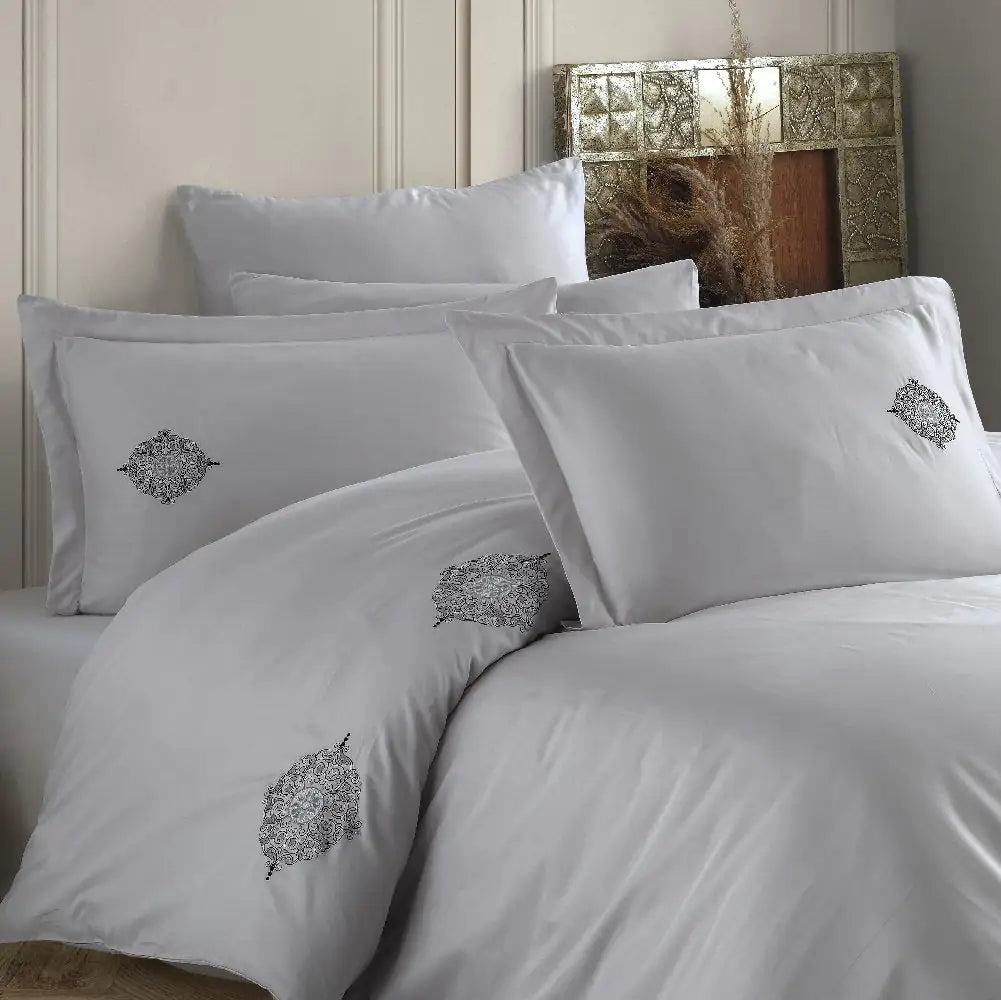 Azra Gray Cotton Poplin Double Embroidered Bedding Set