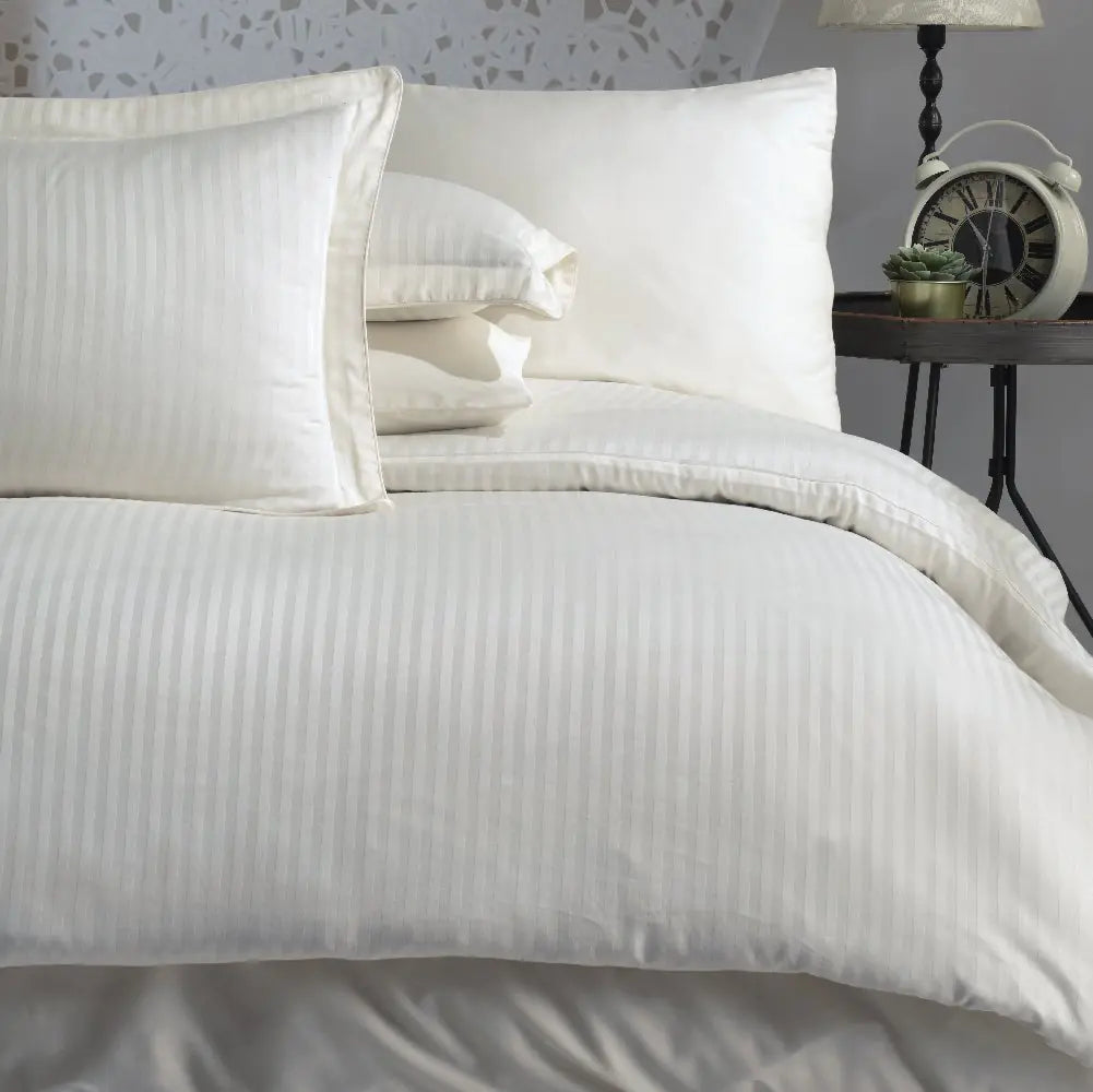 Hobby Striped Cream Jacquard Satin Duvet Cover Set - 100% Cotton Bedding