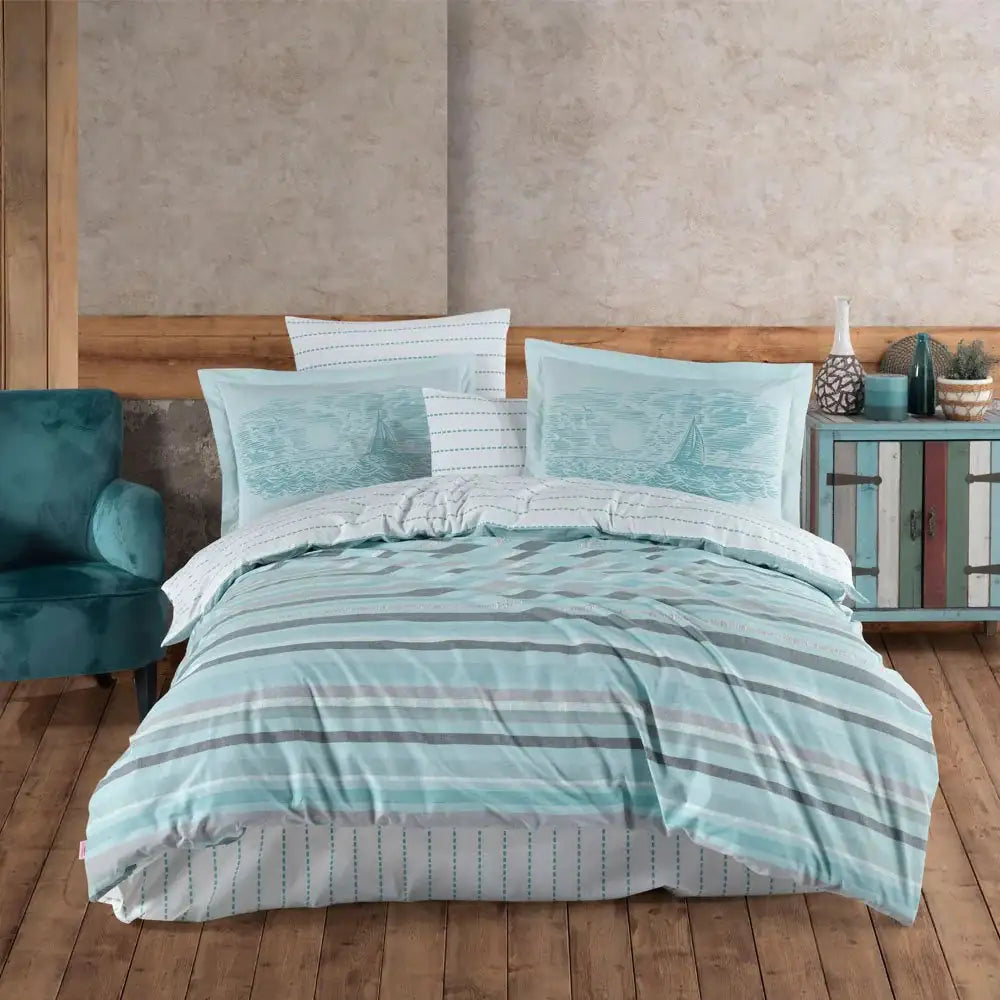 Aqua Poplin Double Duvet Cover Set - 100% Cotton Bedding