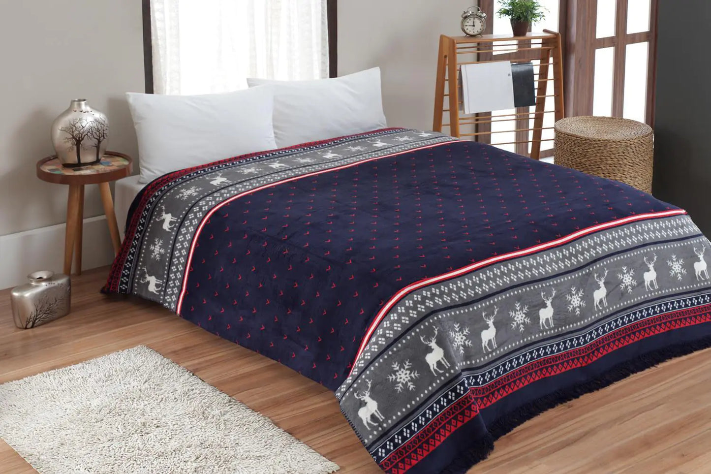 Double-Sided Cotton Blanket 200x220 cm - Reversible Carmelo Red & Navy Blue All-Season Bedding