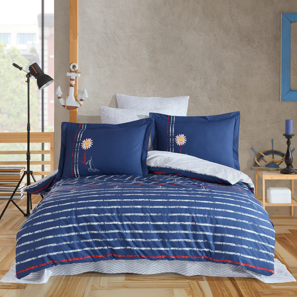 Navy Blue Poplin Double Duvet Cover Set with Flat Sheet & Pillowcases