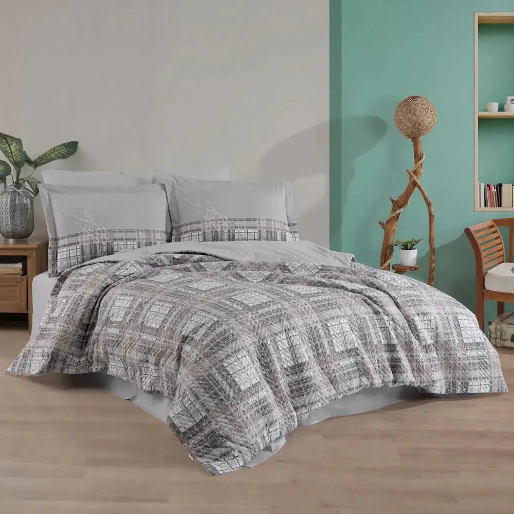 Double Poplin Kapitone Duvet Cover Set in Gray