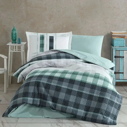 Green Kapitone Quilted Duvet Cover Set - Single Size 100% Cotton Poplin Bedding