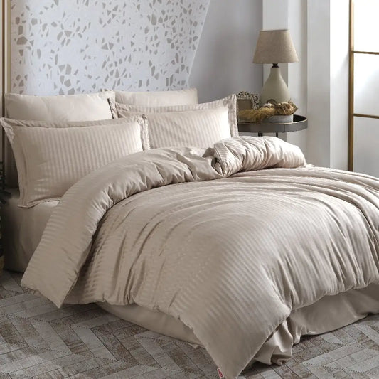 Jacquard Satin Duvet Cover Set - Double Size, Beige Striped Design