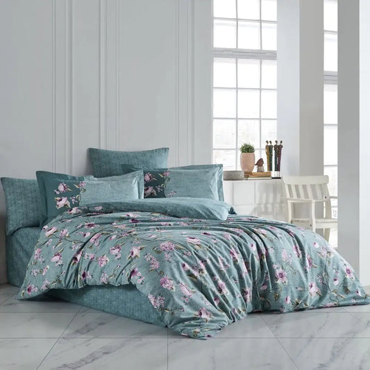 Benita Green Poplin 100% Cotton Double Duvet Cover Set