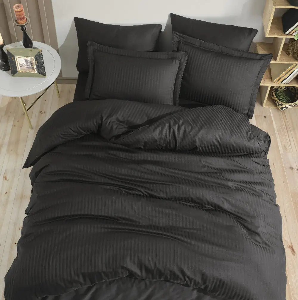 Black Striped Jacquard Satin Duvet Cover Set - Double Bed