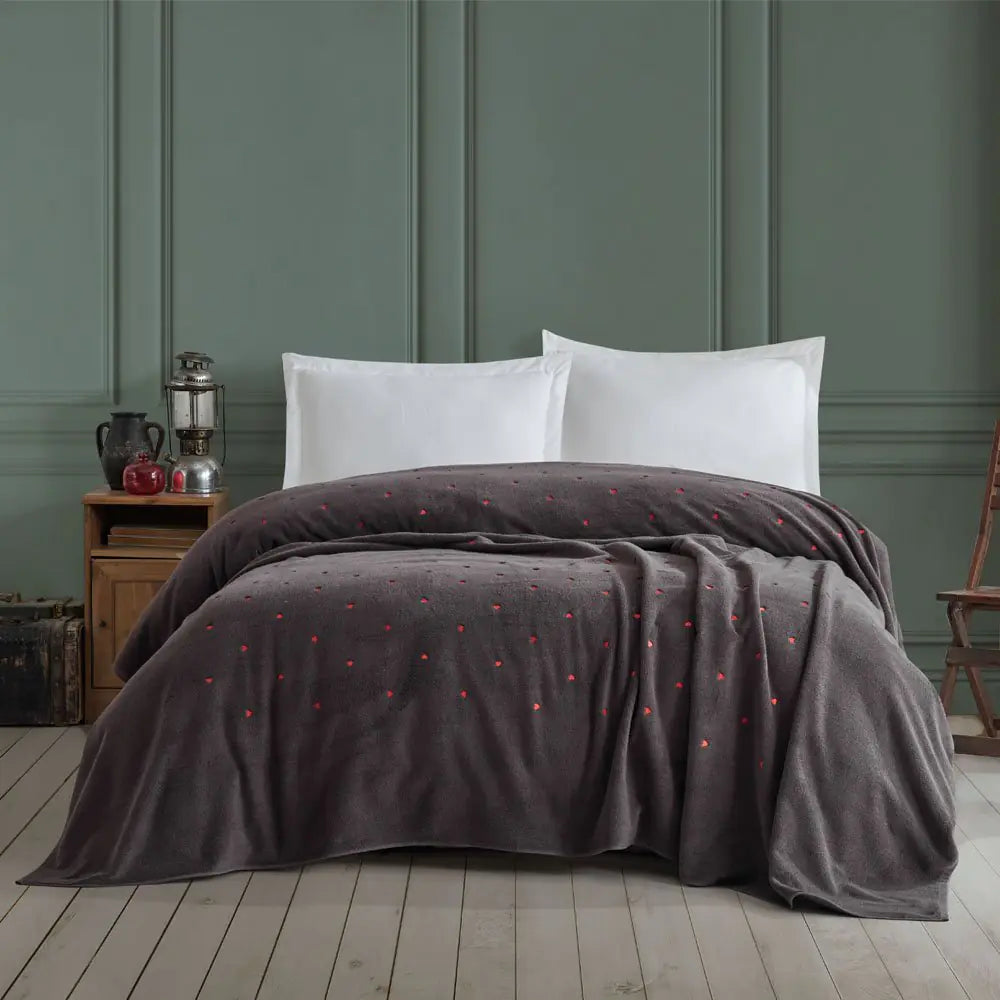 Single Love-Embroidered Cotton Bedspread - Dark Gray